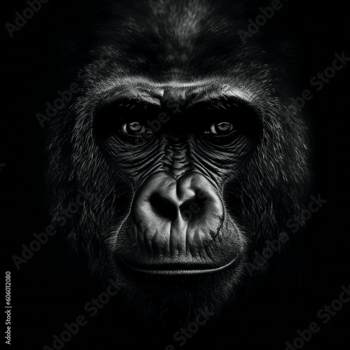Black and white close up of gorilla face - Generative AI