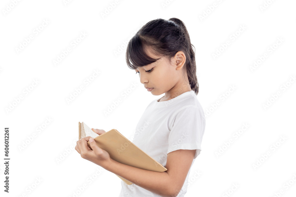 Lovely little girl standing and reading book isolated on white background with clipping path. Lovely little girl standing and reading book isolated on white background with clipping path.