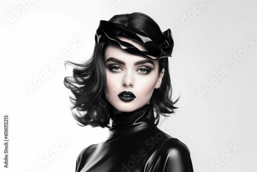 Glamour stylish beautiful young model in black latex clothing on white background. Generative Ai