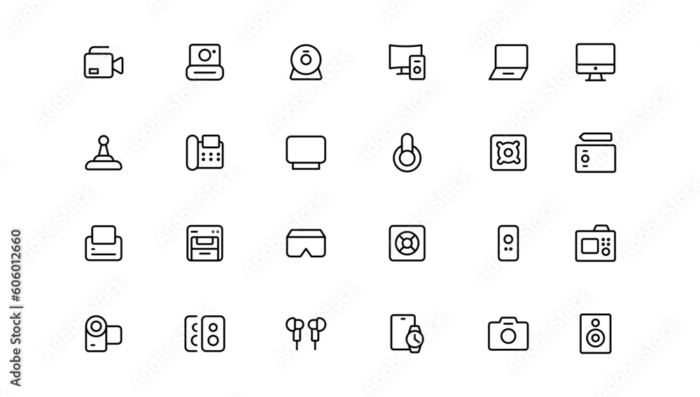 Device and technology line icon set. Electronic devices and gadgets, computer, equipment and electronics. Computer monitor, smartphone, tablet and laptop sumbol collection Device and technology line icon set. Electronic devices and gadgets, computer, equipment and electronics. Computer monitor, smartphone, tablet and laptop sumbol collection