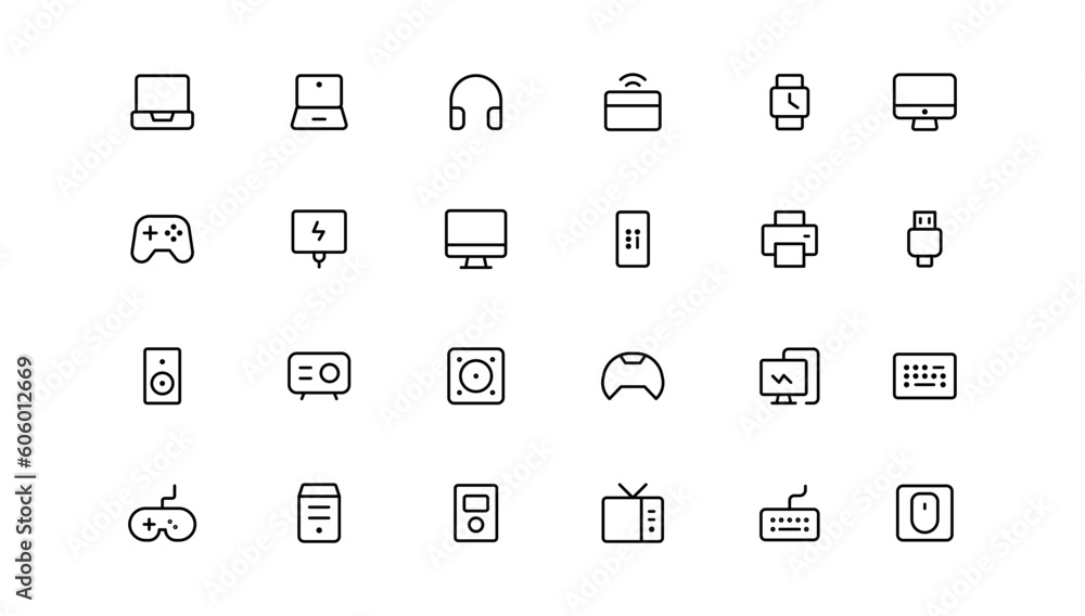 Device and technology line icon set. Electronic devices and gadgets, computer, equipment and electronics. Computer monitor, smartphone, tablet and laptop sumbol collection Device and technology line icon set. Electronic devices and gadgets, computer, equipment and electronics. Computer monitor, smartphone, tablet and laptop sumbol collection