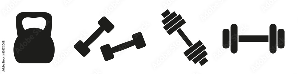 Gym equipment icons - dumbbell, weights, barbell. Gym vector elements. Gym equipment icons - dumbbell, weights, barbell. Gym vector elements.