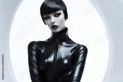 High fashion glamour stylish beautiful young model in black latex clothing on white background. Studio Shot. Generative AI