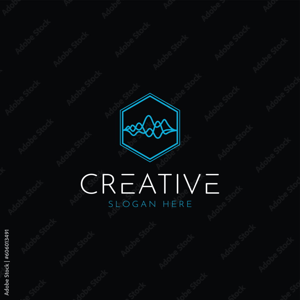 hexagon with Pulse music player element. Logo template electronic music, equalizer, store, DJ, nightclub, disco. Audio wave logo concept, Multimedia Technology themed hexagon with Pulse music player element. Logo template electronic music, equalizer, store, DJ, nightclub, disco. Audio wave logo concept, Multimedia Technology themed