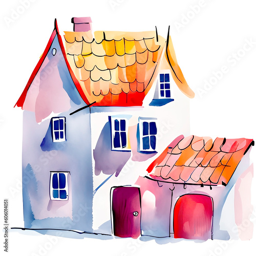 Simple houses, children's illustration in watercolor