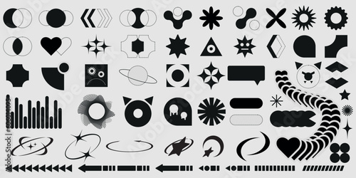 Set of Y2K retro elements and cyberpunk abstract geometric shapes. Hipster graphic objects for logo, icon, web design. Vector illustration.