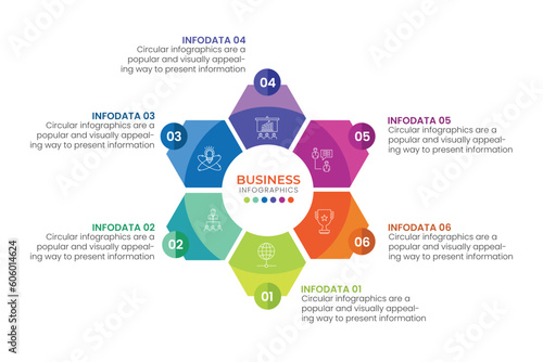 Round ring-like pie chart divided into 6 colorful parts. Concept of six features of startup development strategy. Simple flat infographic vector illustration for business information visualization.