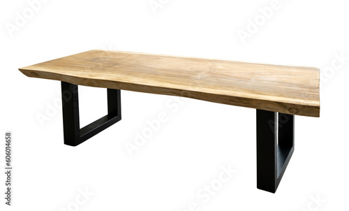A modern table with a thick wooden top. Top made of exotic suar wood, metal legs, top raw wood for oiling or epoxy coating.
