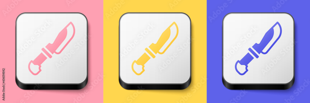 Isometric Knife icon isolated on pink, yellow and blue background. Cutlery symbol. Square button. Vector Isometric Knife icon isolated on pink, yellow and blue background. Cutlery symbol. Square button. Vector