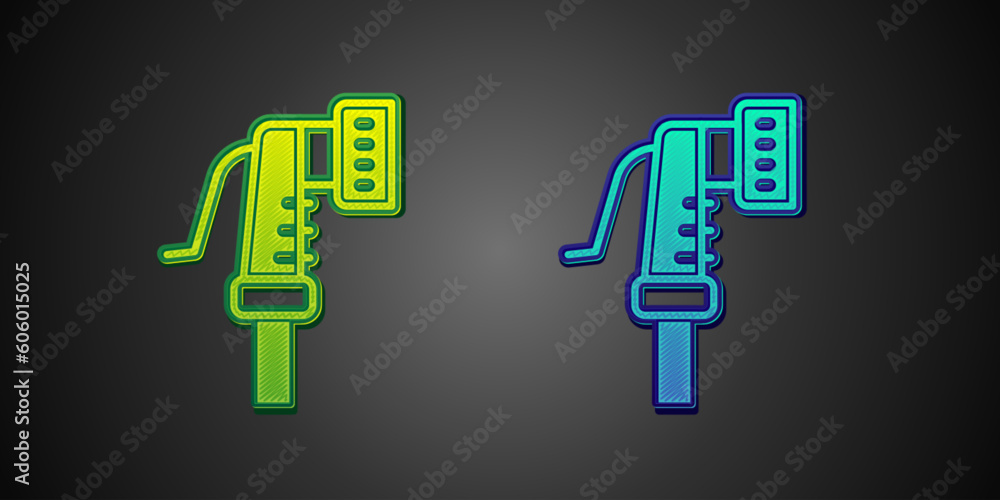 Green and blue Garden hose icon isolated on black background. Spray gun icon. Watering equipment. Vector Green and blue Garden hose icon isolated on black background. Spray gun icon. Watering equipment. Vector
