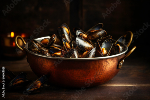 Boiled mussels in copper cooking dish on dark wooden background. AI generated.