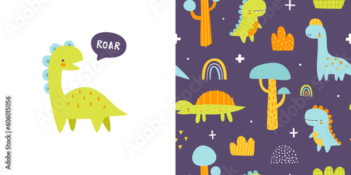 Cute jurassic pattern set with dino and plants. Seamless vector print collection with abstract dinosaurs for baby textile and fabric.