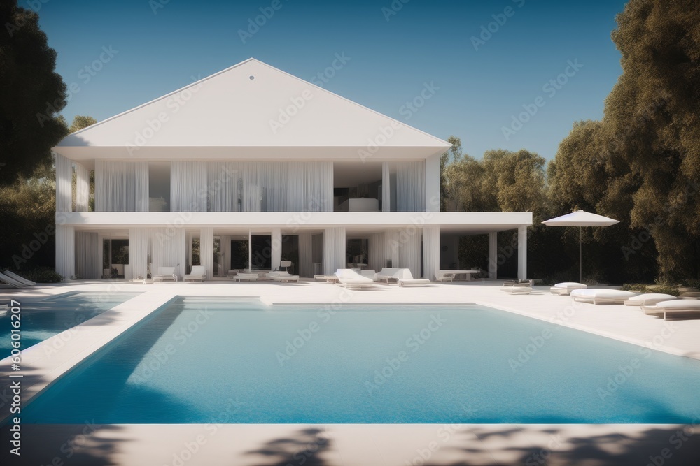 a large white house with a pool in front of it  with a blue sky and clouds, vray render, a digital rendering