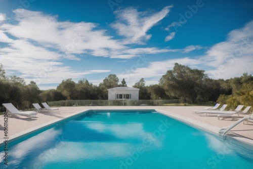 a large white house with a pool in front of it  with a blue sky and clouds