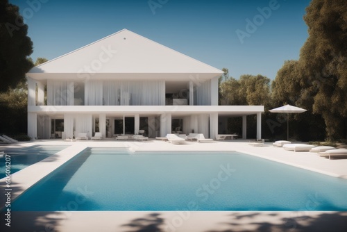 a large white house with a pool in front of it  with a blue sky and clouds, vray render, a digital rendering © Cyber and background