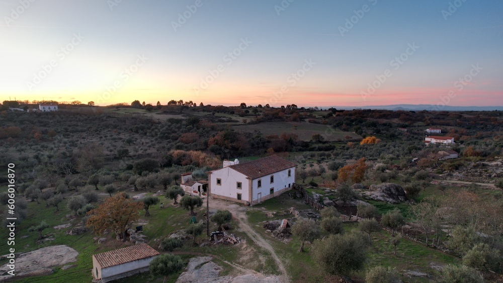 Drone view of a village with farm houses and trees in a valley during sunrise