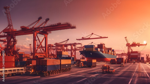 Modern System transportation and logistic import export and transport industry of truck container cargo ship and cargo plane with working crane bridge in shipyard at sunset sky Generative AI