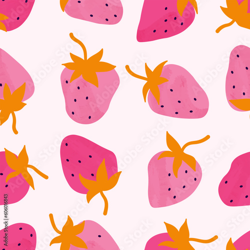 Seamless abstract pattern with strawberries and leaves. Endless background with colorful strawberries, leaves and watercolor texture. Lightweight design for textiles, packaging, decorations, prints. © leafyori
