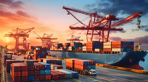 Modern System transportation and logistic import export and transport industry of truck container cargo ship and cargo plane with working crane bridge in shipyard at sunset sky Generative AI