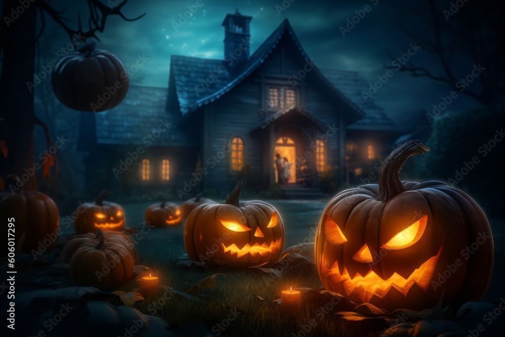 Halloween scene with Jack O lanterns glowing at moonlight In the dark spooky night. Concept Halloween commercial. Generative Ai Halloween scene with Jack O lanterns glowing at moonlight In the dark spooky night. Concept Halloween commercial. Generative Ai