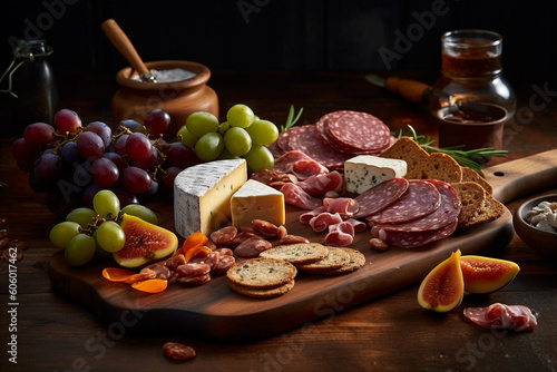 Charcuterie board with meats, cheeses, crackers. AI generated.