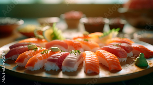 Savor the Elegance: Artfully Arranged Plate of Fresh Sushi Nigiri. Generative AI.