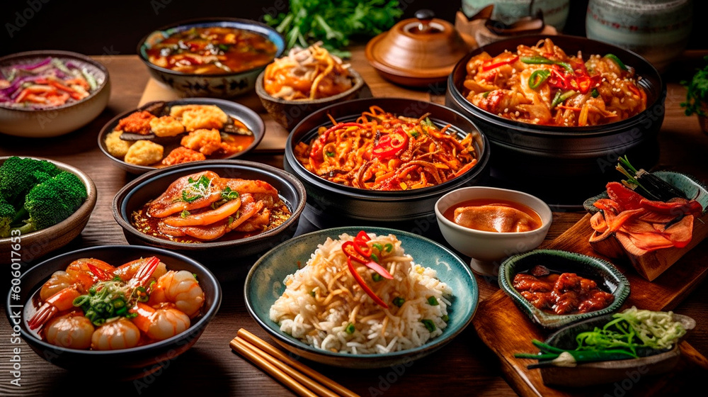Korean Banchan Feast: A Colorful Spread of Assorted Side Dishes Delighting the Table. Generative AI.