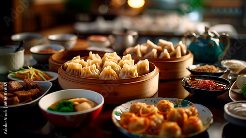 Flavors of China: Vibrant Dim Sum Feast with a Variety of Steamed Delicacies. Generative AI.