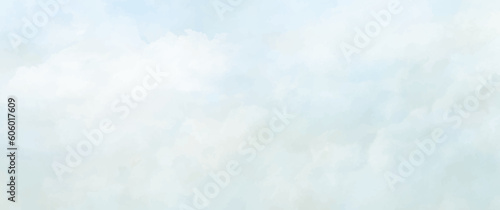 Vector art watercolor texture with blue sky and white clouds. Hand drawn blue abstract vector illustration for background, cover, cards, flyers or poster. Christmas backdrop for design. Empty blank. 
