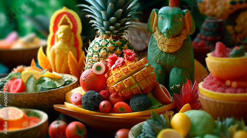 Spectacular Thai Fruit Carvings  A Feast for the Eyes. Generative AI.