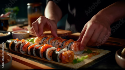 Masterful Sushi Creation: Close-Up of a Stunning Presentation of Sushi Plate. Generative AI.