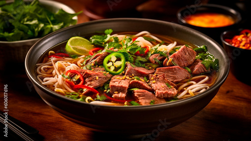 Steaming Bowl of Pho: A Delightful Vietnamese Noodle Soup Experience. Generative AI. © Ramon