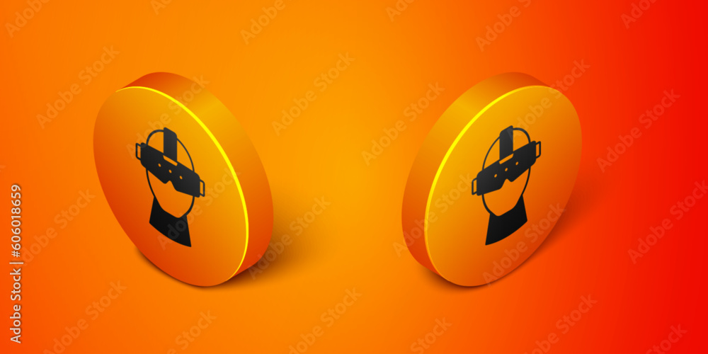 Isometric Virtual reality glasses icon isolated on orange background. Stereoscopic 3d vr mask. Optical head mounted display. Orange circle button. Vector Isometric Virtual reality glasses icon isolated on orange background. Stereoscopic 3d vr mask. Optical head mounted display. Orange circle button. Vector