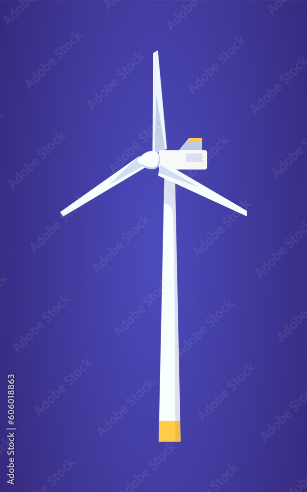 Vector illustration of an industrial wind generator on a blue background. The concept of modern methods of generating electricity from wind energy. Illustration for articles and advertisements.