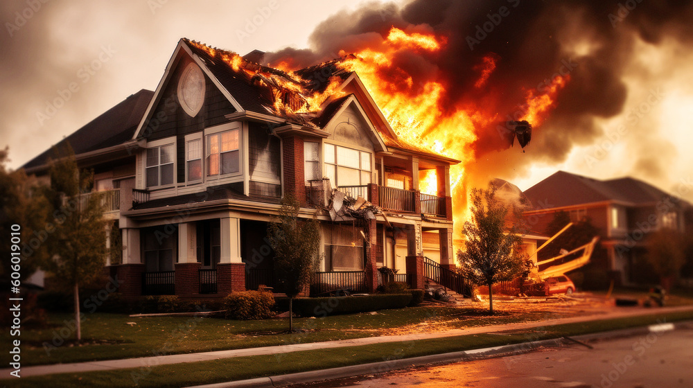 A wooden house stands ablaze, Suburbs house on fire. Flames, like voracious serpents, leap from windows, dancing atop the roof. The fire, a devouring monster, threatens to consume it. Generative AI A wooden house stands ablaze, Suburbs house on fire. Flames, like voracious serpents, leap from windows, dancing atop the roof. The fire, a devouring monster, threatens to consume it. Generative AI