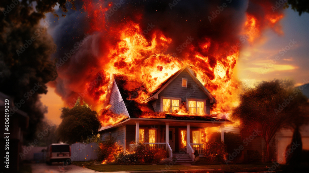 A wooden house stands ablaze, Suburbs house on fire. Flames, like voracious serpents, leap from windows, dancing atop the roof. The fire, a devouring monster, threatens to consume it. Generative AI A wooden house stands ablaze, Suburbs house on fire. Flames, like voracious serpents, leap from windows, dancing atop the roof. The fire, a devouring monster, threatens to consume it. Generative AI