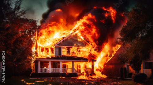  A wooden house stands ablaze  Suburbs house on fire. Flames  like voracious serpents  leap from windows  dancing atop the roof. The fire  a devouring monster  threatens to consume it. Generative AI