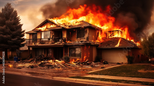  A wooden house stands ablaze, Suburbs house on fire. Flames, like voracious serpents, leap from windows, dancing atop the roof. The fire, a devouring monster, threatens to consume it. Generative AI photo