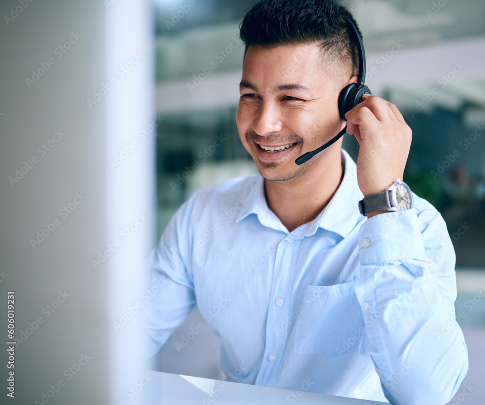 Smile, telemarketing and Asian man with headphones, call center and communication with help, advice and connection. Male person, employee and agent in a modern office, headset and customer service Smile, telemarketing and Asian man with headphones, call center and communication with help, advice and connection. Male person, employee and agent in a modern office, headset and customer service