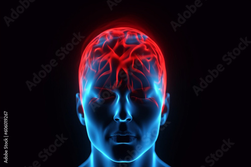 Healthcare, medicine and science concept. Abstract human headache illustration. Blue human body silhouette with red sign or marking of head pain. Generative AI
