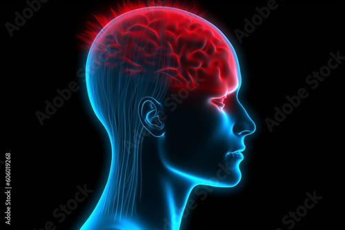 Healthcare, medicine and science concept. Abstract human headache illustration. Blue human body silhouette with red sign or marking of head pain. Generative AI