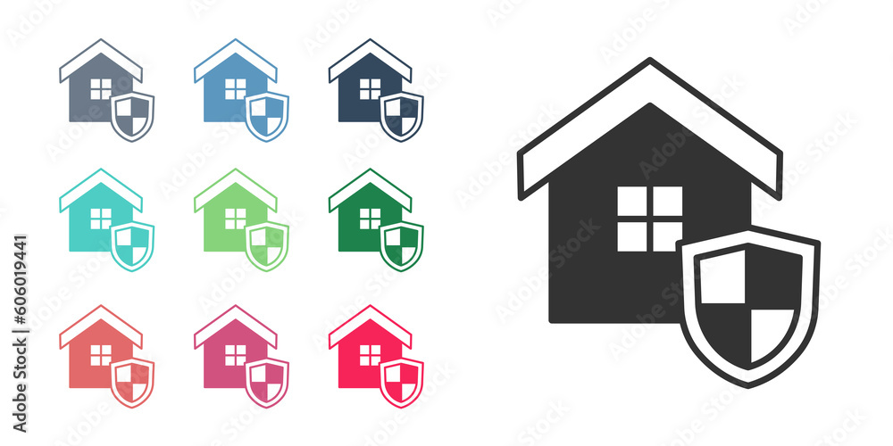 Black House with shield icon isolated on white background. Insurance concept. Security, safety, protection, protect concept. Set icons colorful. Vector Black House with shield icon isolated on white background. Insurance concept. Security, safety, protection, protect concept. Set icons colorful. Vector