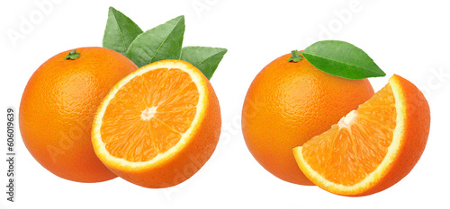 orange fruit with leaves and half isolated, Orange fruit macro studio photo, transparent png, PNG format, cut out