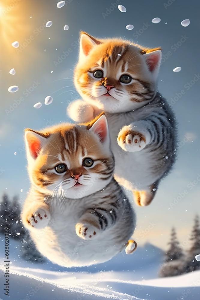 very cute fat couple kittens flying together or jumping in the snow outside, realistic, fantasy very cute fat couple kittens flying together or jumping in the snow outside, realistic, fantasy