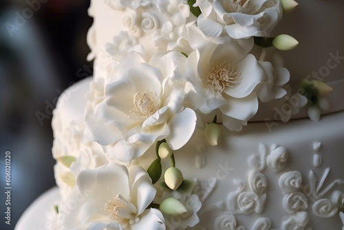 Delicate floral decor of elegant flowers of the color of melted milk on a wedding cake close-up. Big beautiful three-tiered birthday cake. Generative AI.