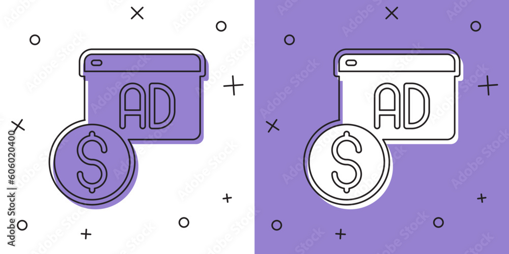 Set Advertising icon isolated on white and purple background. Concept of marketing and promotion process. Responsive ads. Social media advertising. Vector Set Advertising icon isolated on white and purple background. Concept of marketing and promotion process. Responsive ads. Social media advertising. Vector