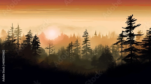 forest silhouette at sunset Generative AI