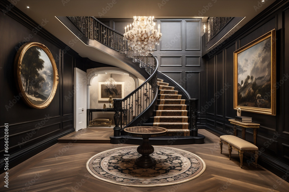 Dramatic entryway with grand staircase, large chandelier. AI generated. Dramatic entryway with grand staircase, large chandelier. AI generated.