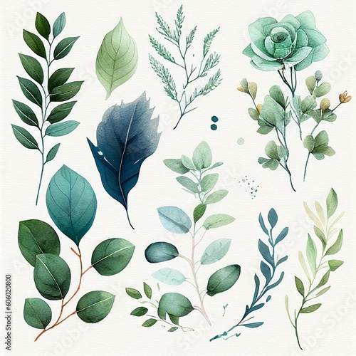 set of green leaves, watercolor style Generative AI