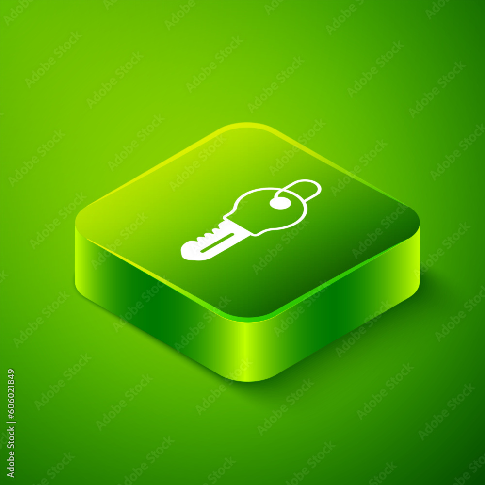 Isometric Key icon isolated on green background. Green square button. Vector Isometric Key icon isolated on green background. Green square button. Vector